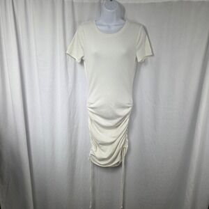 Love Cameron Dress Womens Large White Ruched Knit T-Shirt Bodycon Short Mini